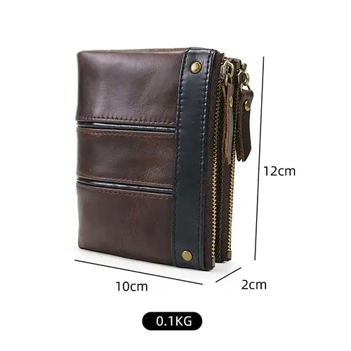 Dual-Zipper RFID-Blocking Leather Wallet with Snap Closure